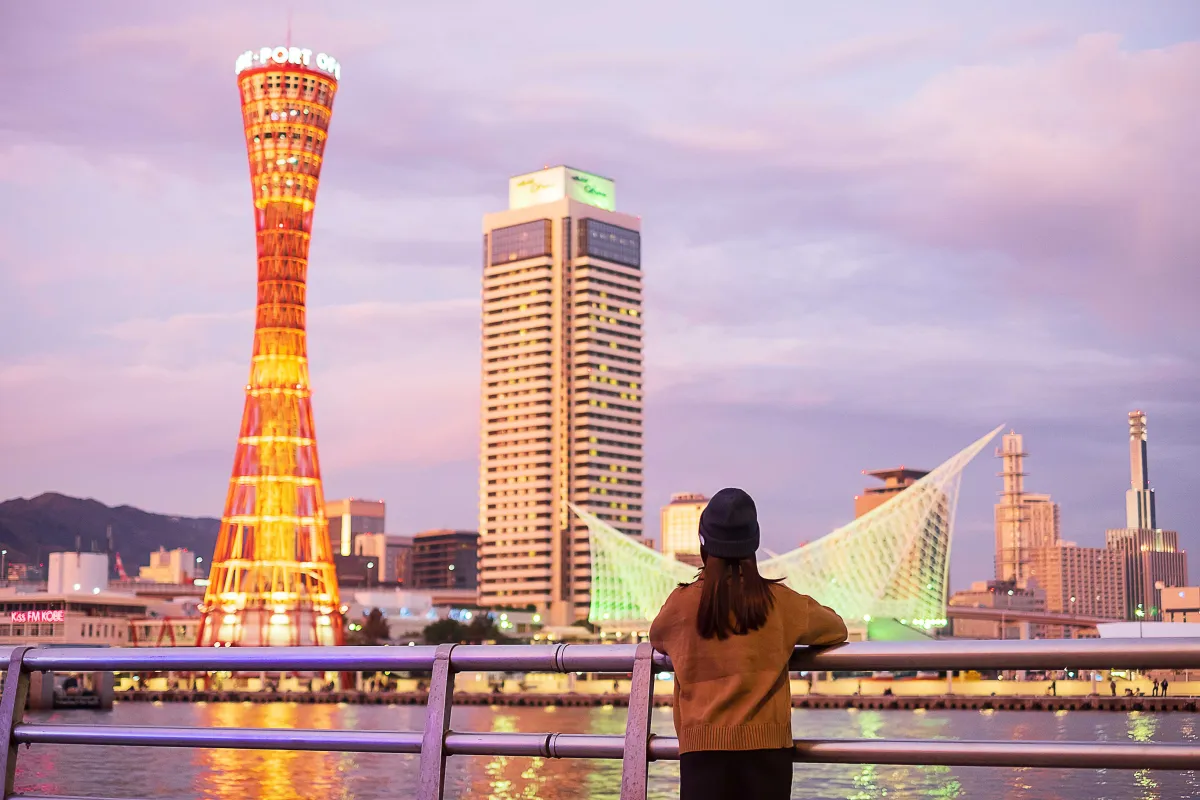 Junge Frau auf Japanische Skyline schauend während Abendrotstimmung