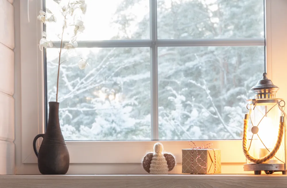 Typische Hygge Dekoration vor Fenster in hellen Tönen