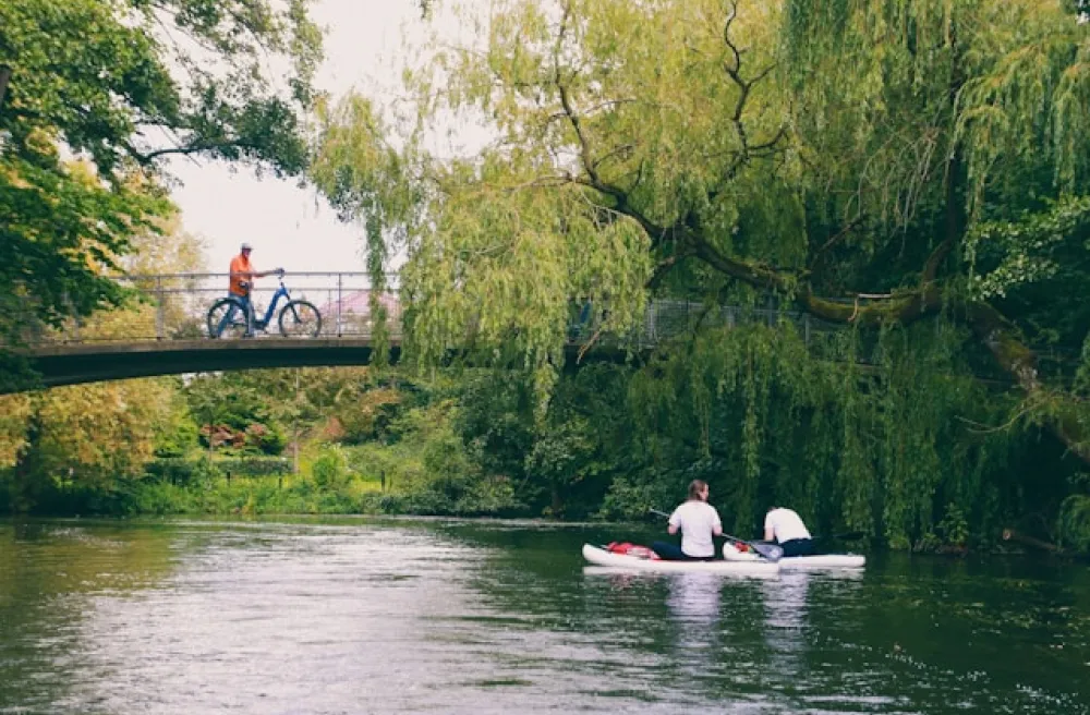 Kayak mit Kayakers unter Trauerweiden auf Fluss durch Park in Dänemark