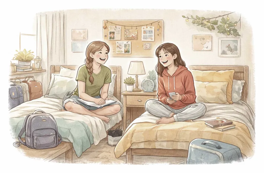 Zwei Schülerinnen teilen Zimmer und sitzen auf Bett lachend