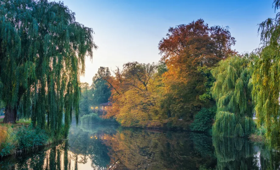 Abendstimmung im Stadtpark mit See und grossen Bäumen ringsum