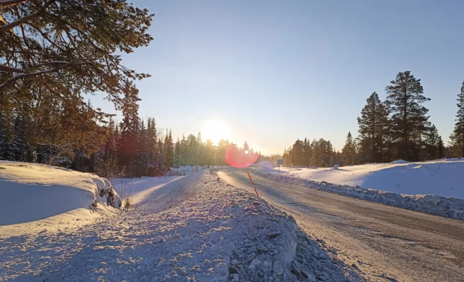 Blendende Sonne über schneegeräumte Strasse in Winterlandschaft