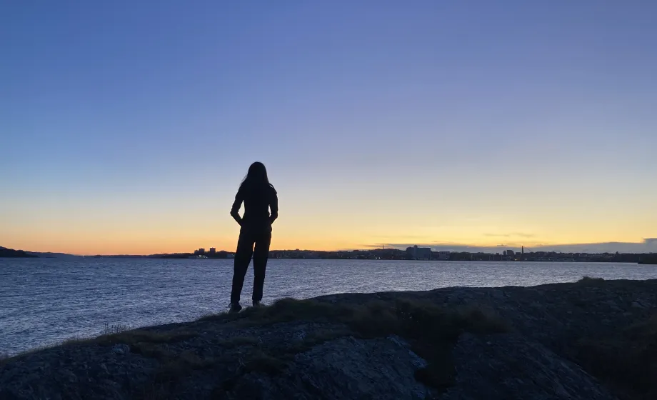 Silhouette am Meer, Blick auf Stavanger, Abenddämmerung, Felsküste, blaue Stunde